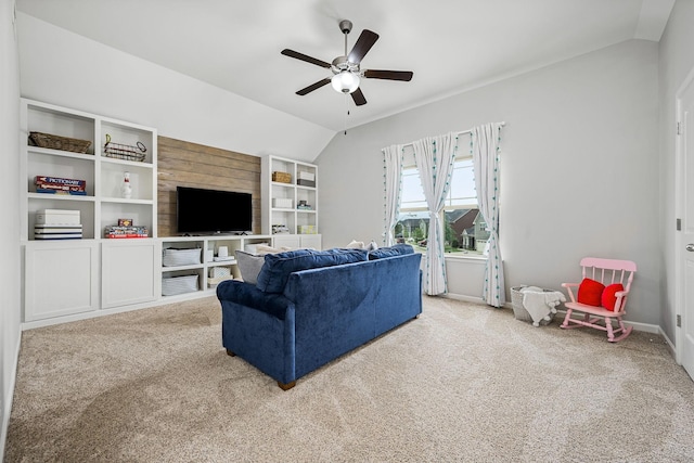 1006 Brinxton Run, Murfreesboro, TN 37128 - living room featuring carpet, vaulted ceiling, and ceiling fan