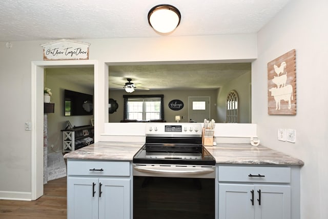 kitchen with stainless steel range with electric cooktop, a textured ceiling, wood finished floors, ceiling fan, and a peninsula