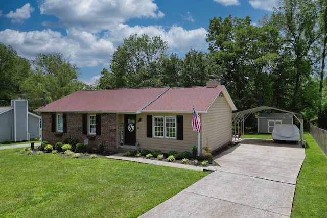 ranch-style home featuring a detached carport, concrete driveway, a front lawn, a chimney, and brick siding