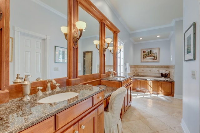 full bathroom with crown molding, tile patterned floors, a garden tub, vanity, and backsplash