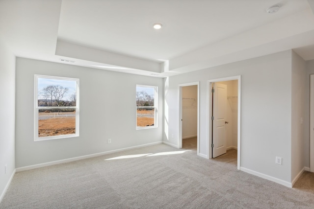 unfurnished bedroom featuring carpet floors, multiple windows, and a raised ceiling