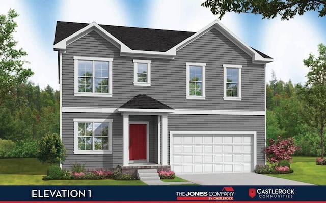view of front of property with an attached garage, a shingled roof, driveway, and a front lawn