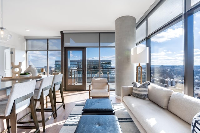 living room with expansive windows, a city view, wood finished floors, and healthy amount of natural light