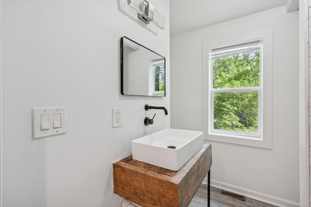 bathroom featuring a sink, baseboards, and wood finished floors