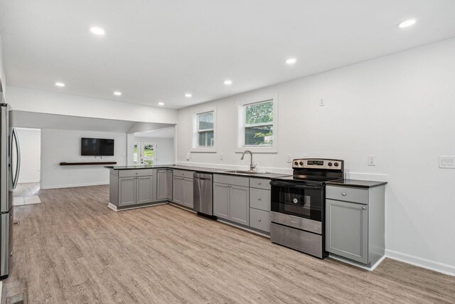 kitchen with stainless steel appliances, gray cabinetry, a sink, light wood-style floors, and open floor plan