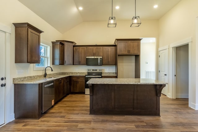 1203 Goose Dr, Springfield, TN 37172 - kitchen with appliances with stainless steel finishes, a sink, a center island, dark brown cabinetry, and high vaulted ceiling