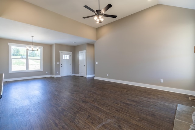 1137 Goose Dr, Springfield, TN 37172 - unfurnished living room with a ceiling fan, plenty of natural light, dark wood-style flooring, a chandelier, and vaulted ceiling