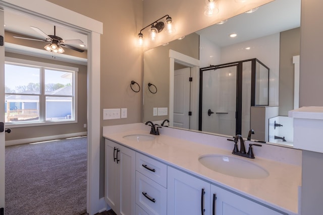1137 Goose Dr, Springfield, TN 37172 - full bath featuring a shower stall, double vanity, and ceiling fan