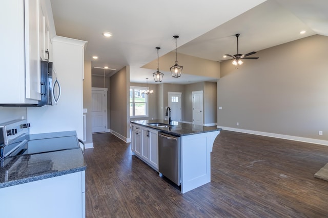 1137 Goose Dr, Springfield, TN 37172 - kitchen featuring stainless steel appliances, a sink, white cabinetry, ceiling fan, and dark wood finished floors