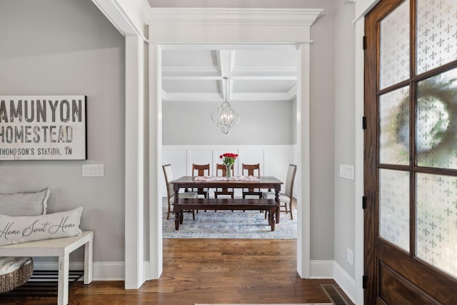 1567 Bunbury Dr, Thompsons Station, TN 37179 - entryway with dark wood-type flooring, coffered ceiling, beam ceiling, a chandelier, and baseboards