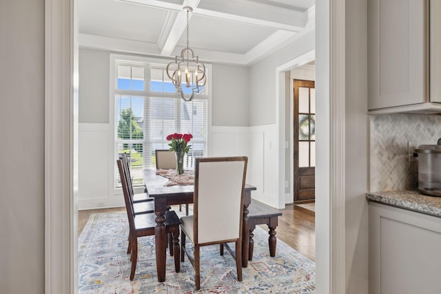1567 Bunbury Dr, Thompsons Station, TN 37179 - dining space with coffered ceiling, a chandelier, wood finished floors, a wainscoted wall, and beam ceiling