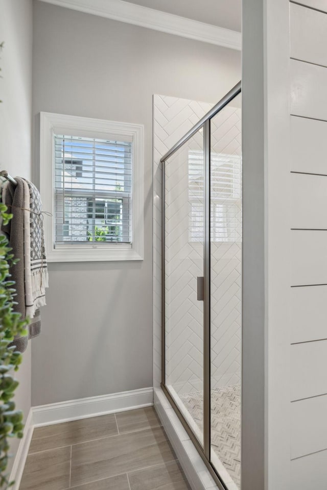1567 Bunbury Dr, Thompsons Station, TN 37179 - full bath featuring a shower stall, baseboards, and ornamental molding