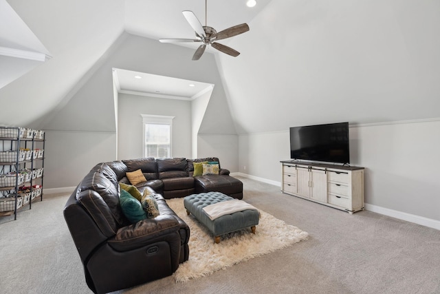 1567 Bunbury Dr, Thompsons Station, TN 37179 - living area featuring lofted ceiling, carpet floors, a ceiling fan, baseboards, and recessed lighting