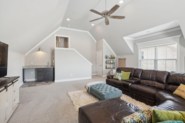 1567 Bunbury Dr, Thompsons Station, TN 37179 - living room featuring light colored carpet, lofted ceiling, a ceiling fan, baseboards, and recessed lighting