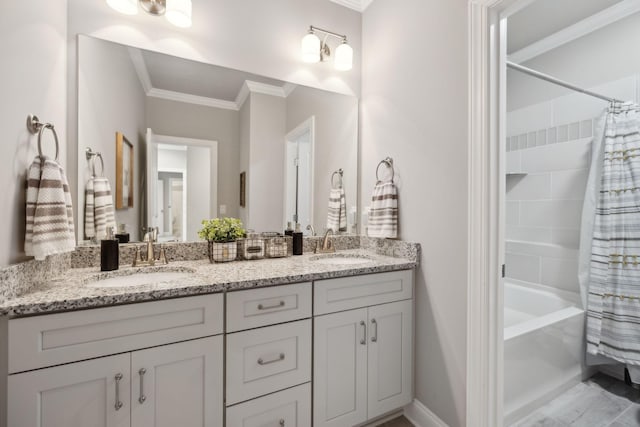 1567 Bunbury Dr, Thompsons Station, TN 37179 - full bath featuring crown molding, double vanity, shower / bath combo with shower curtain, and baseboards