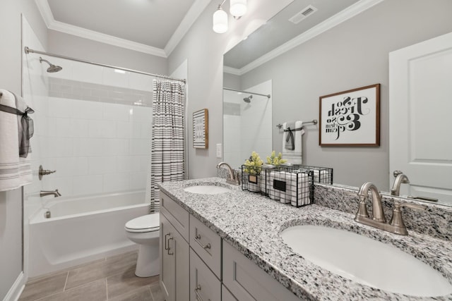 1567 Bunbury Dr, Thompsons Station, TN 37179 - bathroom featuring shower / bath combination with curtain, toilet, ornamental molding, and double vanity