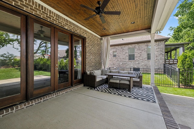 1567 Bunbury Dr, Thompsons Station, TN 37179 - view of patio / terrace featuring fence, outdoor lounge area, a ceiling fan, and french doors