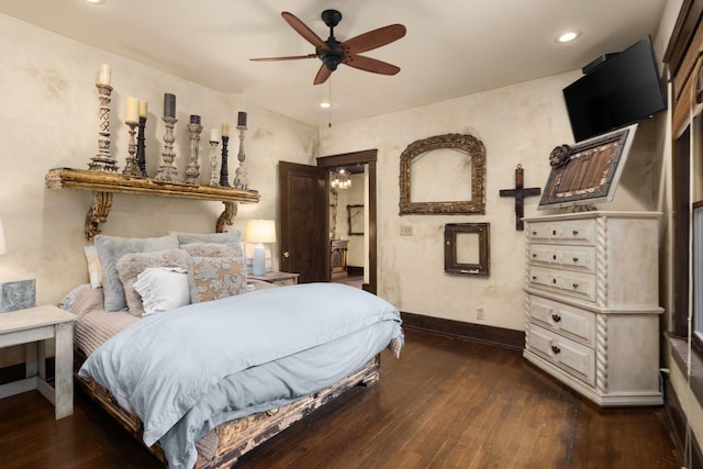 bedroom with wood-type flooring, recessed lighting, baseboards, and ceiling fan