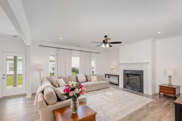 3628 Pelham Wood Dr, Murfreesboro, TN 37128 - living area featuring crown molding, ceiling fan, light wood finished floors, a glass covered fireplace, and baseboards