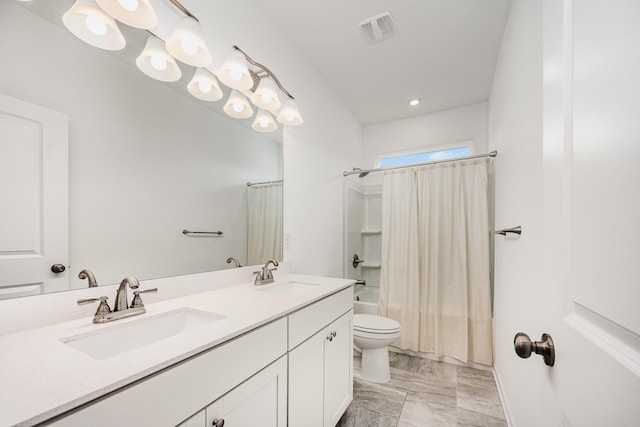 3628 Pelham Wood Dr, Murfreesboro, TN 37128 - bathroom with marble finish flooring, toilet, double vanity, shower / tub combo with curtain, and recessed lighting