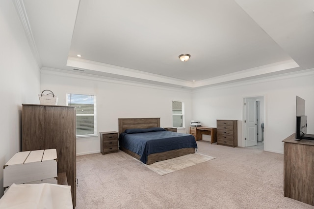 3628 Pelham Wood Dr, Murfreesboro, TN 37128 - bedroom with a tray ceiling, crown molding, light carpet, baseboards, and recessed lighting