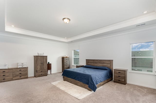 3628 Pelham Wood Dr, Murfreesboro, TN 37128 - bedroom with a raised ceiling, ornamental molding, light carpet, multiple windows, and baseboards