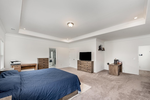 3628 Pelham Wood Dr, Murfreesboro, TN 37128 - bedroom featuring a tray ceiling, ornamental molding, light colored carpet, recessed lighting, and baseboards