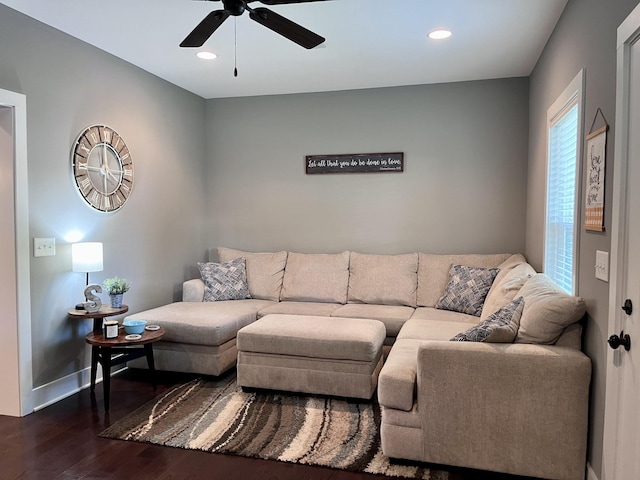 219 Garner St, Springfield, TN 37172 - living area featuring dark wood finished floors, ceiling fan, baseboards, and recessed lighting