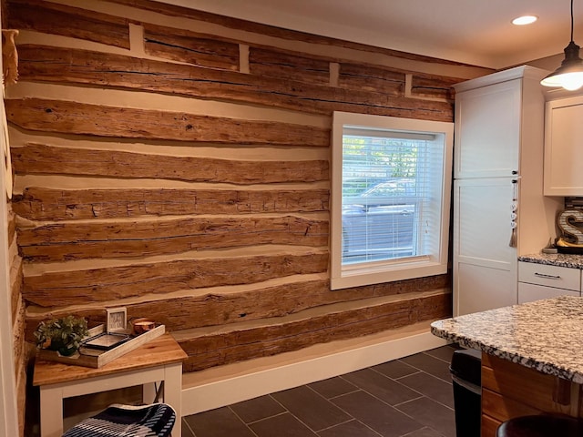 219 Garner St, Springfield, TN 37172 - bathroom with wood walls, vanity, recessed lighting, and tile patterned flooring