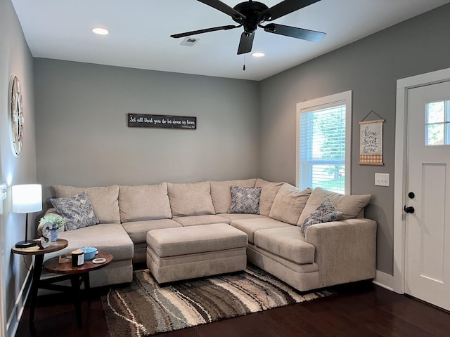 219 Garner St, Springfield, TN 37172 - living room featuring dark wood-style flooring, ceiling fan, baseboards, and recessed lighting