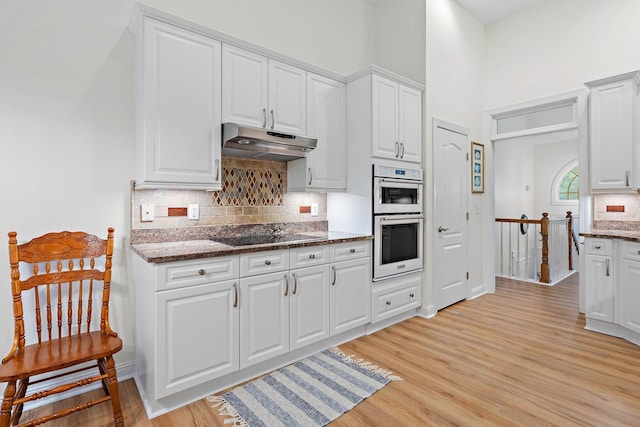313 Red Feather Ln, Brentwood, TN 37027 - kitchen with under cabinet range hood, double oven, white cabinets, light wood-style floors, and decorative backsplash