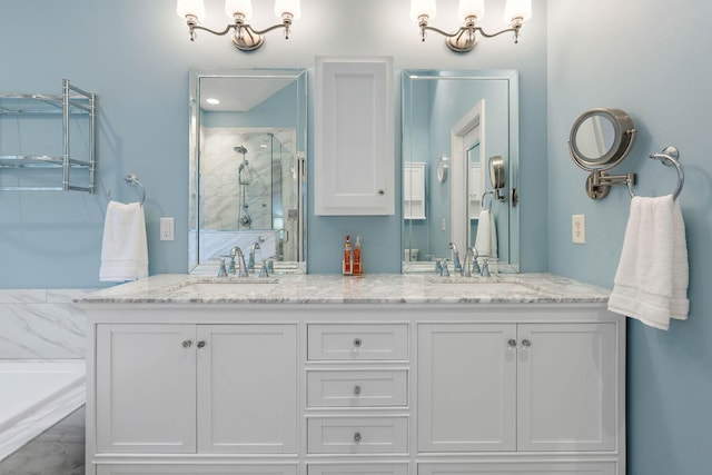 313 Red Feather Ln, Brentwood, TN 37027 - full bath with a stall shower, double vanity, and a tub to relax in