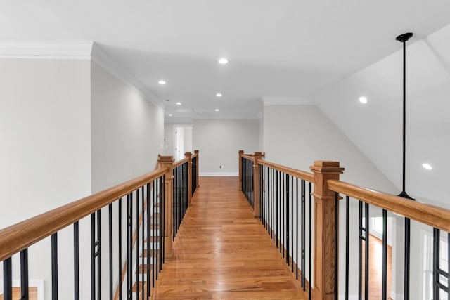 2212 Peterson Dr, Chattanooga, TN 37421 - hall with recessed lighting, light wood-type flooring, crown molding, and an upstairs landing