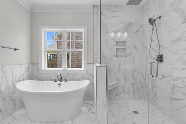 2212 Peterson Dr, Chattanooga, TN 37421 - full bathroom with marble tiled flooring, a marble finish shower, ornamental molding, a freestanding tub, and a wainscoted wall