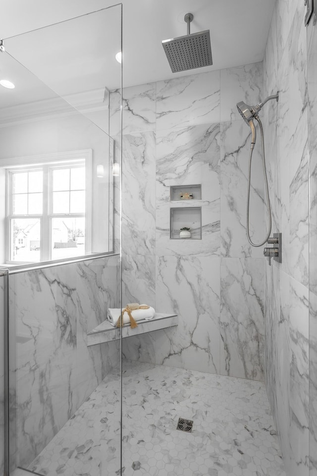 2212 Peterson Dr, Chattanooga, TN 37421 - bathroom featuring a marble finish shower and ornamental molding