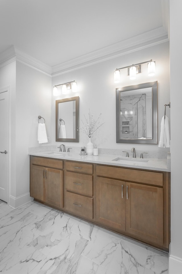 2212 Peterson Dr, Chattanooga, TN 37421 - full bath with double vanity, ornamental molding, and marble finish floors