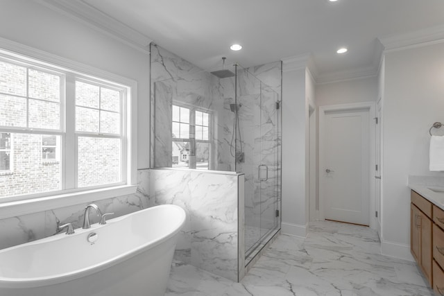 2212 Peterson Dr, Chattanooga, TN 37421 - bathroom with a marble finish shower, recessed lighting, vanity, a freestanding bath, and marble finish floors