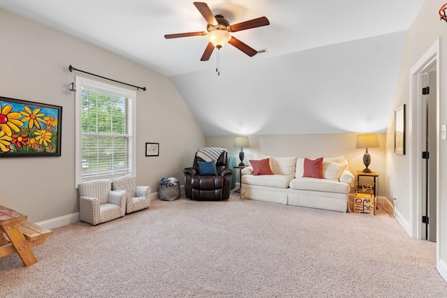 1951 Winsome Ln, Adams, TN 37010 - carpeted living room with ceiling fan, vaulted ceiling, and baseboards
