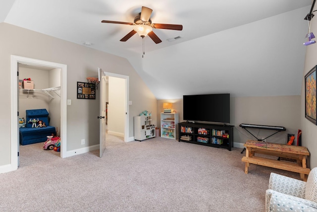 1951 Winsome Ln, Adams, TN 37010 - recreation room featuring a ceiling fan, lofted ceiling, carpet flooring, and baseboards