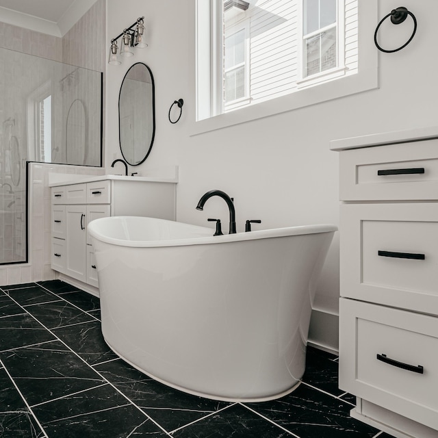 2013 Hector Dr, Thompsons Station, TN 37179 - bathroom with marble look tiles, plenty of natural light, vanity, a freestanding bath, and ornamental molding