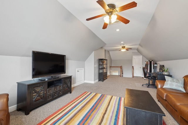 2335 Garrison Cv, Murfreesboro, TN 37130 - living room with a ceiling fan, carpet, lofted ceiling, baseboards, and recessed lighting