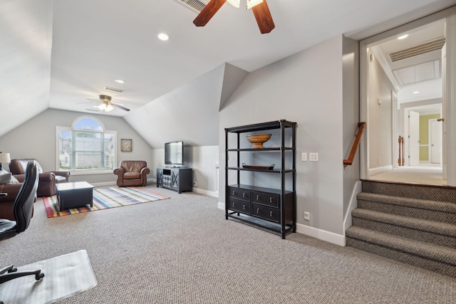 2335 Garrison Cv, Murfreesboro, TN 37130 - carpeted home office featuring ceiling fan, baseboards, vaulted ceiling, attic access, and recessed lighting
