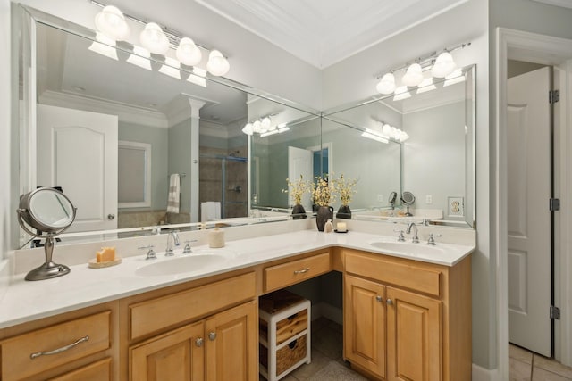 2335 Garrison Cv, Murfreesboro, TN 37130 - bathroom with ornamental molding, tile patterned floors, a stall shower, and double vanity
