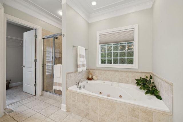 2335 Garrison Cv, Murfreesboro, TN 37130 - bathroom with a stall shower, crown molding, a jetted tub, and tile patterned flooring