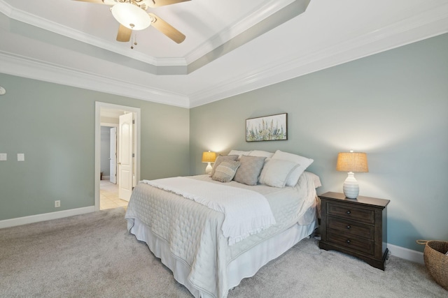 2335 Garrison Cv, Murfreesboro, TN 37130 - bedroom with crown molding, light colored carpet, a tray ceiling, baseboards, and ceiling fan