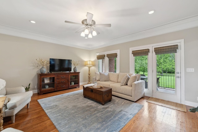 2335 Garrison Cv, Murfreesboro, TN 37130 - living area with ceiling fan, ornamental molding, wood finished floors, recessed lighting, and baseboards