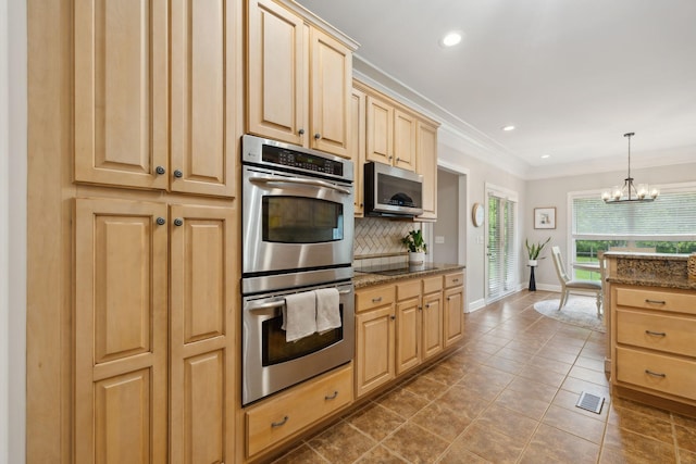 2335 Garrison Cv, Murfreesboro, TN 37130 - kitchen featuring appliances with stainless steel finishes, light brown cabinetry, decorative backsplash, ornamental molding, and baseboards