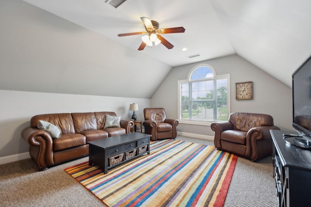 2335 Garrison Cv, Murfreesboro, TN 37130 - carpeted living room featuring lofted ceiling, ceiling fan, and baseboards
