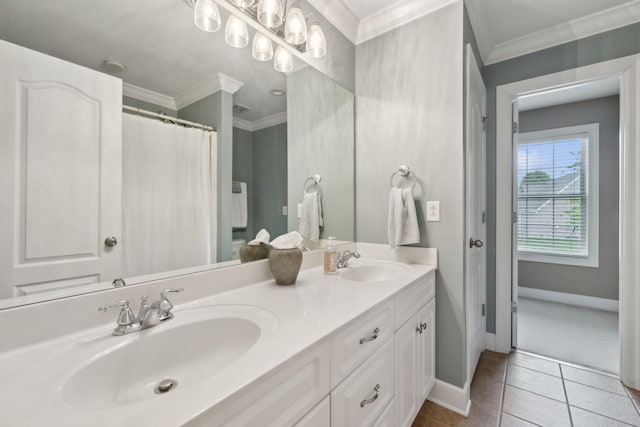 2335 Garrison Cv, Murfreesboro, TN 37130 - bathroom with baseboards, tile patterned floors, ornamental molding, double vanity, and a shower with curtain