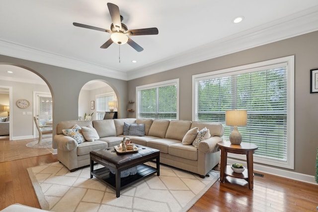 2335 Garrison Cv, Murfreesboro, TN 37130 - living area with arched walkways, ceiling fan, ornamental molding, light wood finished floors, and baseboards